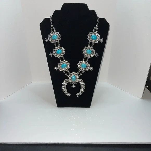 Silver tone squash blossom necklace with rhinestones & faux turquoise - Picture 4 of 13